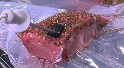 sous vide pouch with thermometer in meat